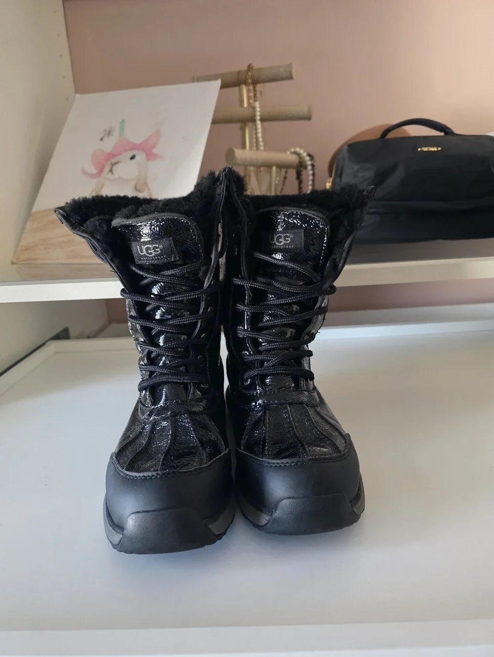 UGG Women's Black Lace-Up Faux Fur Winter Boots
